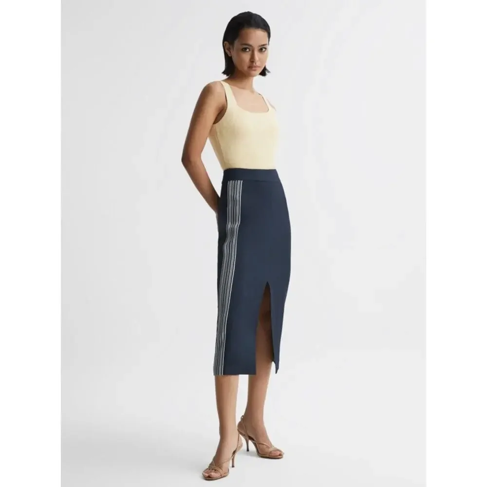REISS Pia Navy High Rise Midi Pencil Skirt Side Stripe Slit US 4 MSRP $295